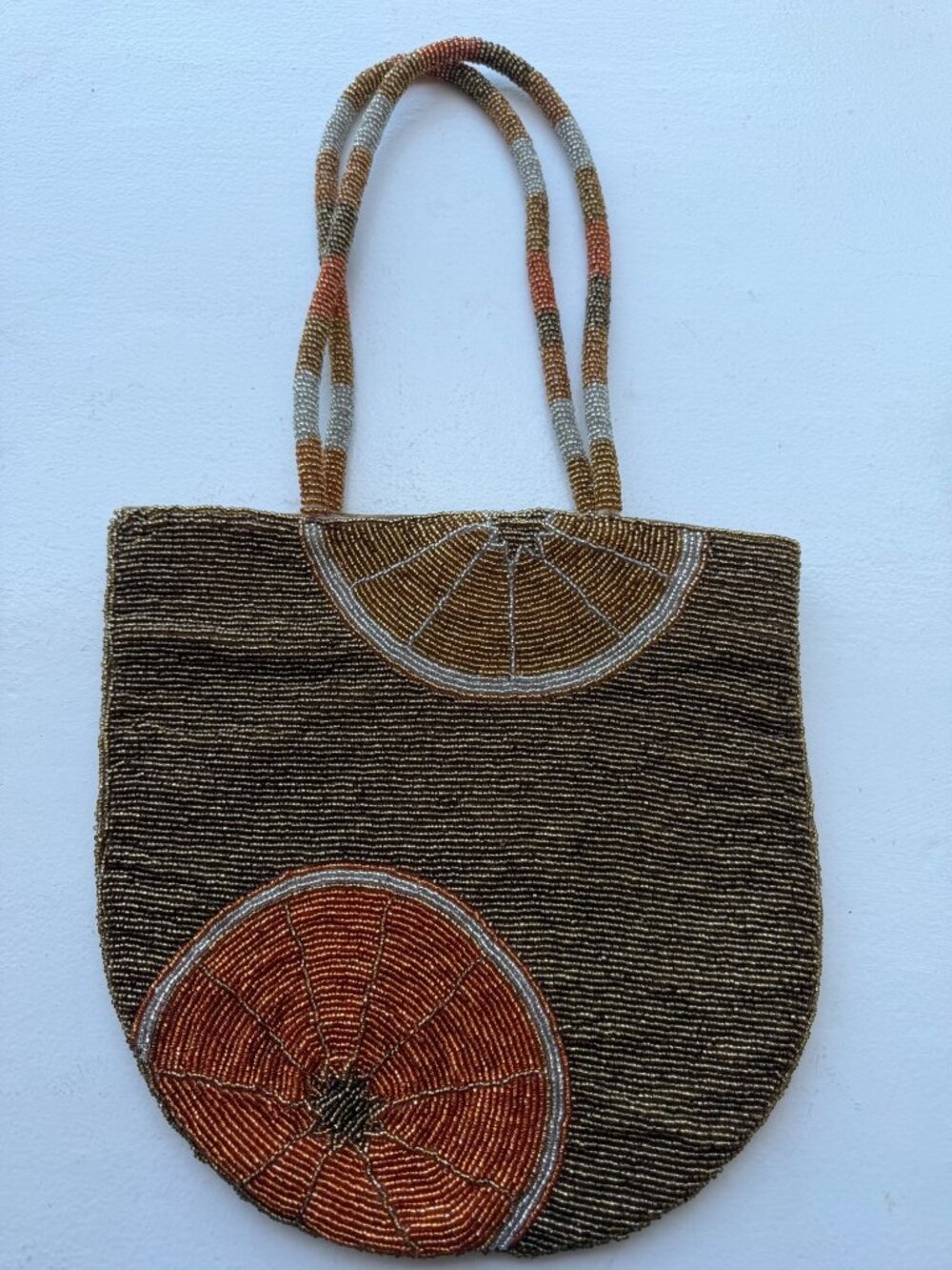 Zara Hand-Beaded Citrus-Themed Tote Bag With Magnetic Closure & Striped Beaded H